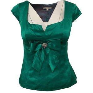 Nanette Lepore Green Satin Blouse with Bow 10